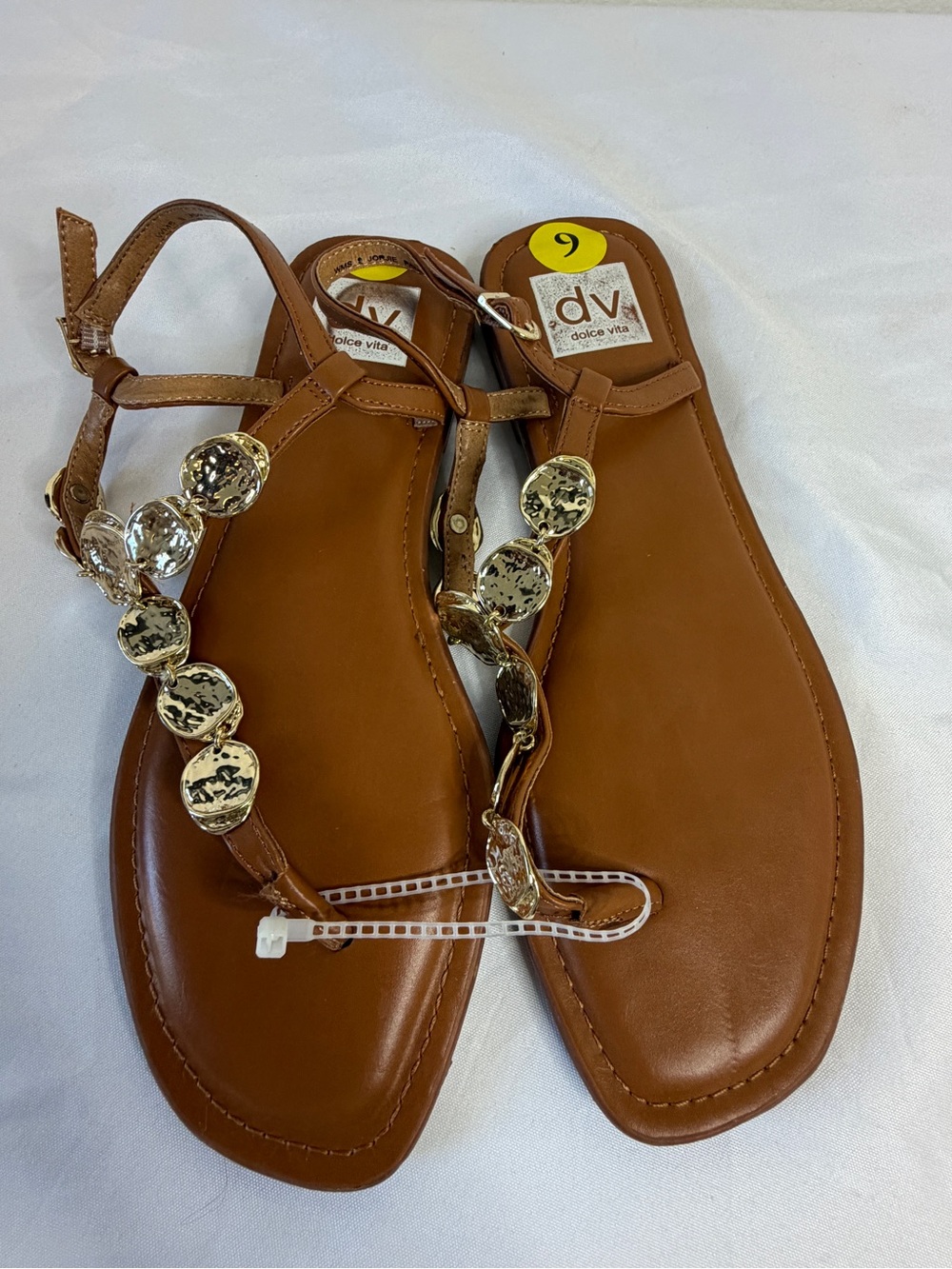 Dolce Vita Brown T-Strap Sandals with Gold Coin Accents
